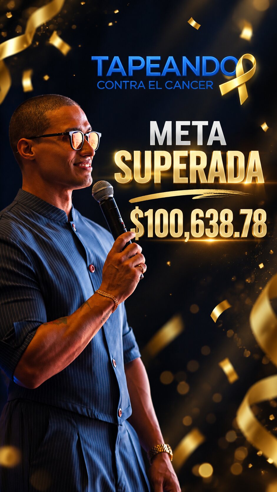 Chef Luis Rodríguez con micrófono. Tapeando Contra el Cáncer: meta superada, $100,638.78 recaudados.